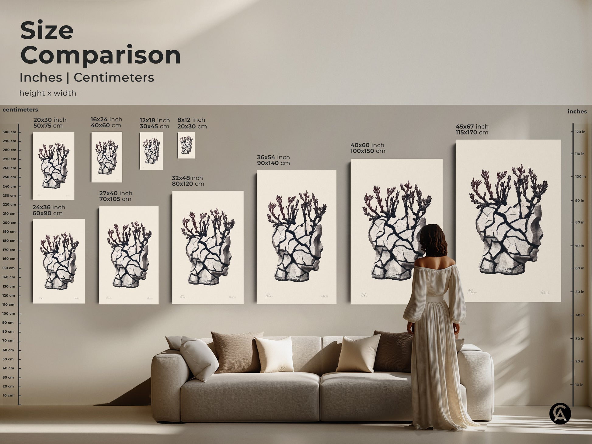 Size comparison of surreal head sculpture art print. Choose from various sizes to fit your space. Conceptual figurative artwork enhances any room. It is perfect for minimalist surrealism decor. Eclectic beige black and gray tones complement any interior. Find the ideal piece for your home.