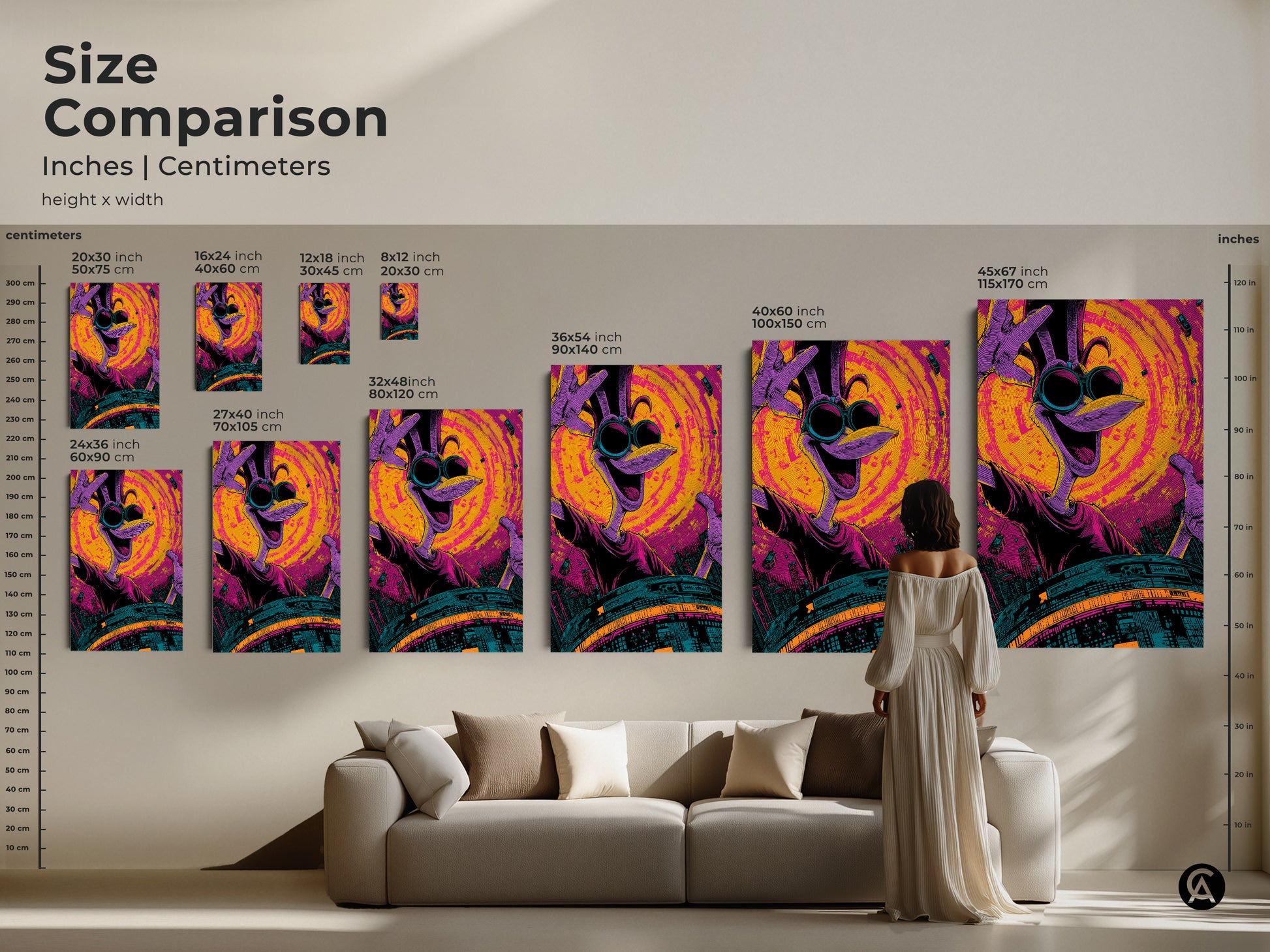 Compare the sizes of our cartoon bird character with sunglasses artwork. This size comparison showcases various dimensions in inches and centimeters. See how the artwork looks in different sizes above a couch for scale. Perfect for visualizing the impact of each piece.