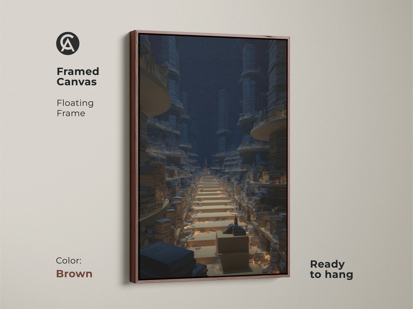 Framed canvas with a floating frame showcasing endless bookshelf art. The brown frame complements the surreal library scene. This fantasy architecture print adds an intellectual touch to any home or office. A thoughtful gift for bookworms.