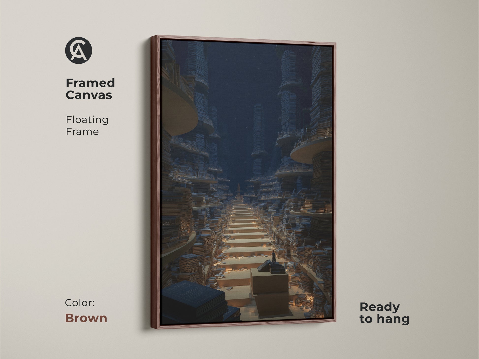 Framed canvas with a floating frame showcasing endless bookshelf art. The brown frame complements the surreal library scene. This fantasy architecture print adds an intellectual touch to any home or office. A thoughtful gift for bookworms.