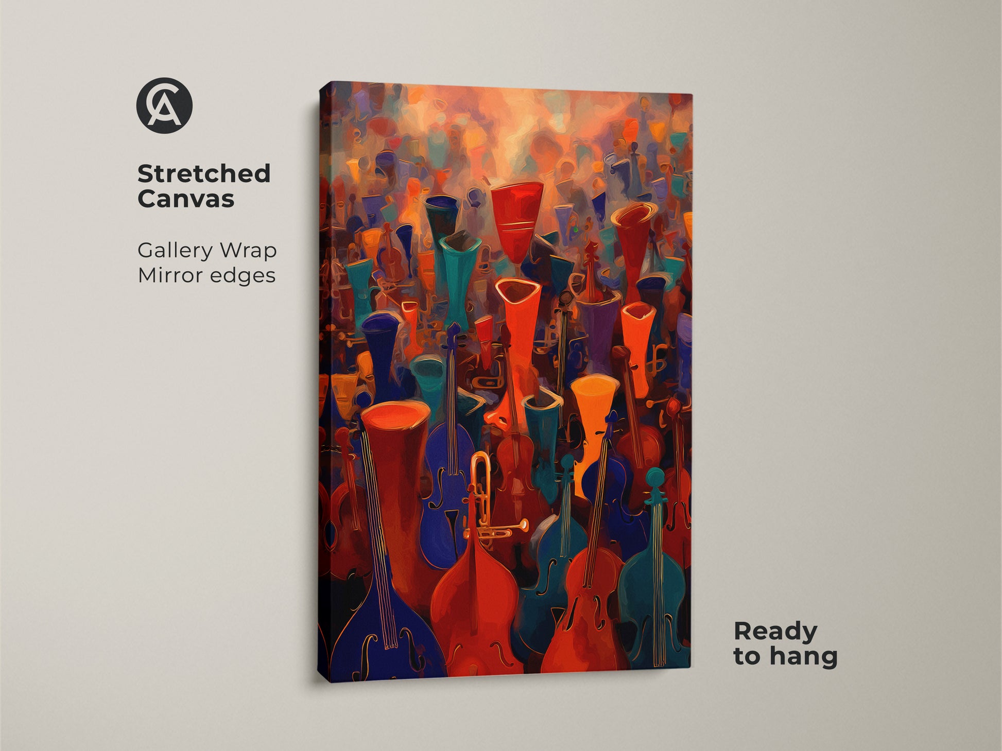 Stretched canvas of abstract music wall art. The violin cello canvas print shows an orchestra. Its vibrant red orange teal art makes a great contemporary abstract art piece. Ready to hang