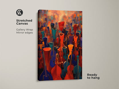 Stretched canvas of abstract music wall art. The violin cello canvas print shows an orchestra. Its vibrant red orange teal art makes a great contemporary abstract art piece. Ready to hang