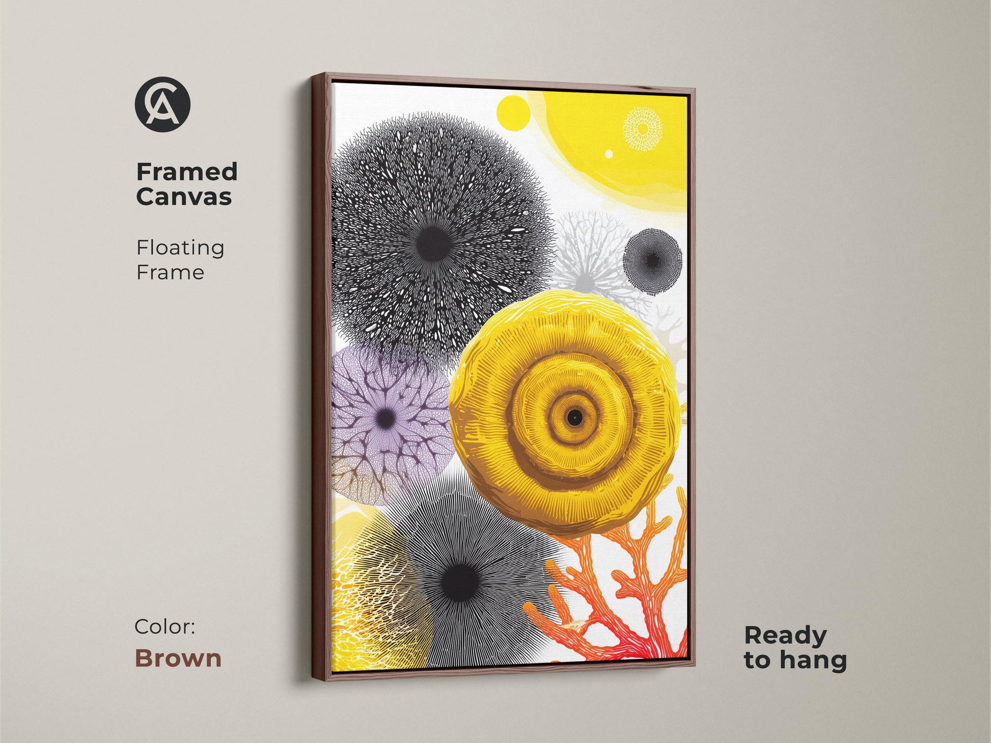 This framed abstract botanical canvas features warm brown tones. It’s a yellow and orange artwork with coral elements. This framed art is perfect for adding organic modern flair. Ready to hang art.