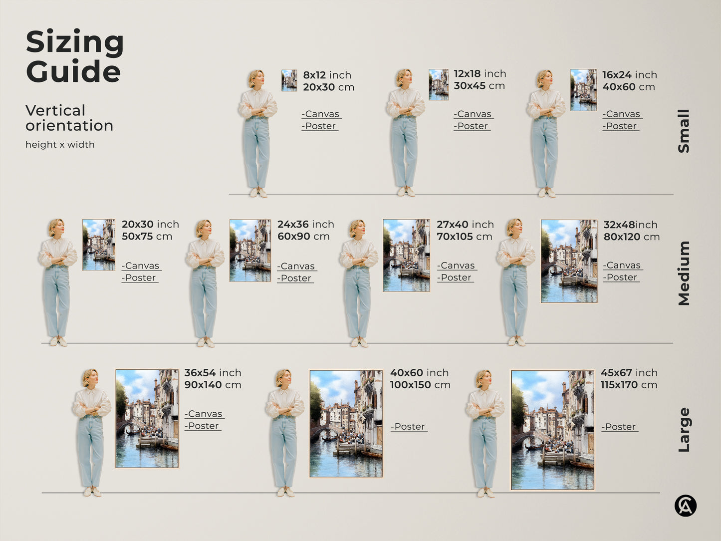 Sizing guide for Venice canal artwork. Available in vertical orientation from small to large. This Italian architecture art features a traditional cityscape with gondola boat. Perfect housewarming gift for travel lovers. Enhance your space with this European canal scene.