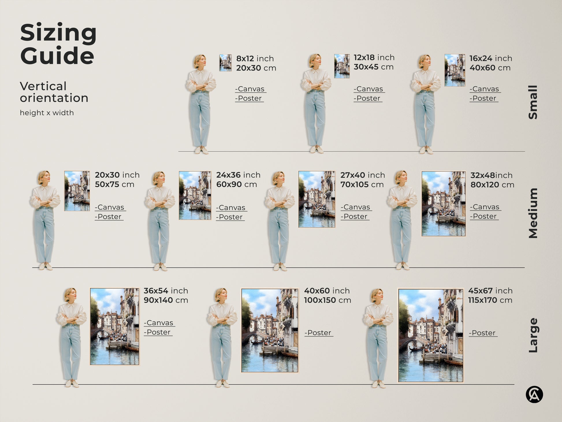 Sizing guide for Venice canal artwork. Available in vertical orientation from small to large. This Italian architecture art features a traditional cityscape with gondola boat. Perfect housewarming gift for travel lovers. Enhance your space with this European canal scene.