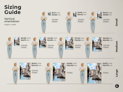 Sizing guide for Venice canal artwork. Available in vertical orientation from small to large. This Italian architecture art features a traditional cityscape with gondola boat. Perfect housewarming gift for travel lovers. Enhance your space with this European canal scene.