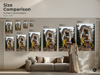 Size comparison for architectural art prints in inches and centimeters. Visualize how each size fits above a sofa for contemporary home art. Options range from 8x12 inches to 45x67 inches. Perfect unique travel gift idea for any interior decor style.