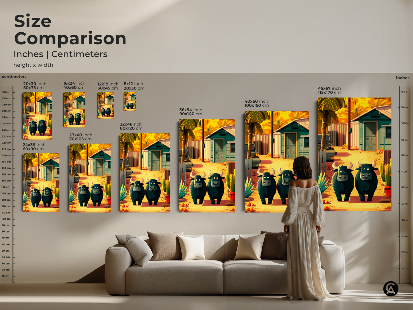 Size comparison featuring inches and centimeters for farmhouse buffalo art. The cartoon buffalo artwork is shown in various sizes on a wall. The artwork has a rural desert scene with cacti and palm trees. Perfect for country ranch decor.
