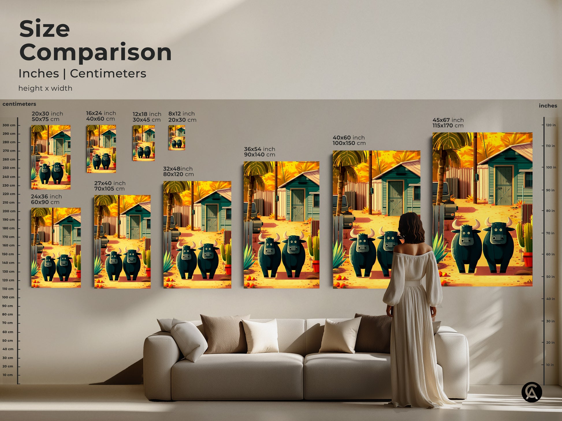 Size comparison featuring inches and centimeters for farmhouse buffalo art. The cartoon buffalo artwork is shown in various sizes on a wall. The artwork has a rural desert scene with cacti and palm trees. Perfect for country ranch decor.