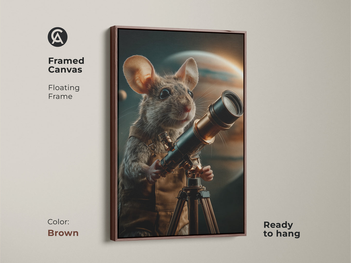 Brown framed canvas art print featuring a mouse with a telescope. This space exploration art has a floating frame. The earthy brown gold and dark teal tones enhance a study room or office. A whimsical animal print makes a unique gift for any art lover.
