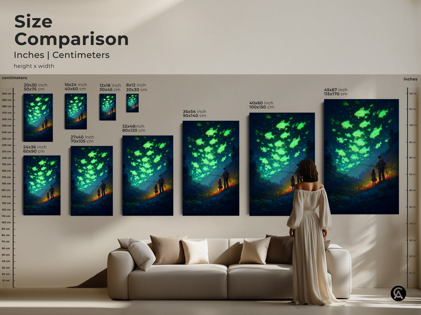 Size comparison of the father daughter fishing art in inches and centimeters. See how the canvas art fits above a sofa. Visualize different sizes to find the perfect fit for your wall.