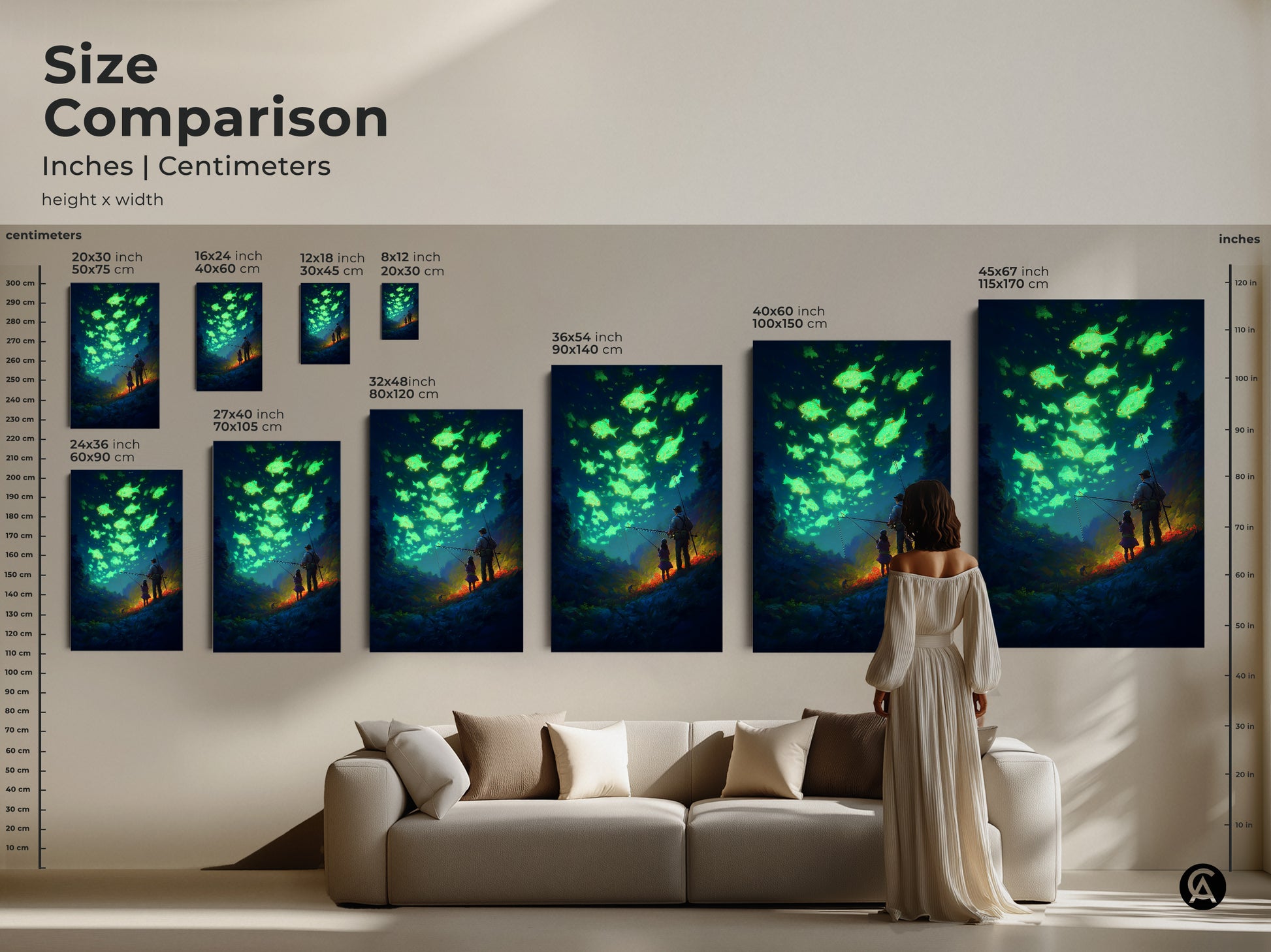 Size comparison of the father daughter fishing art in inches and centimeters. See how the canvas art fits above a sofa. Visualize different sizes to find the perfect fit for your wall.