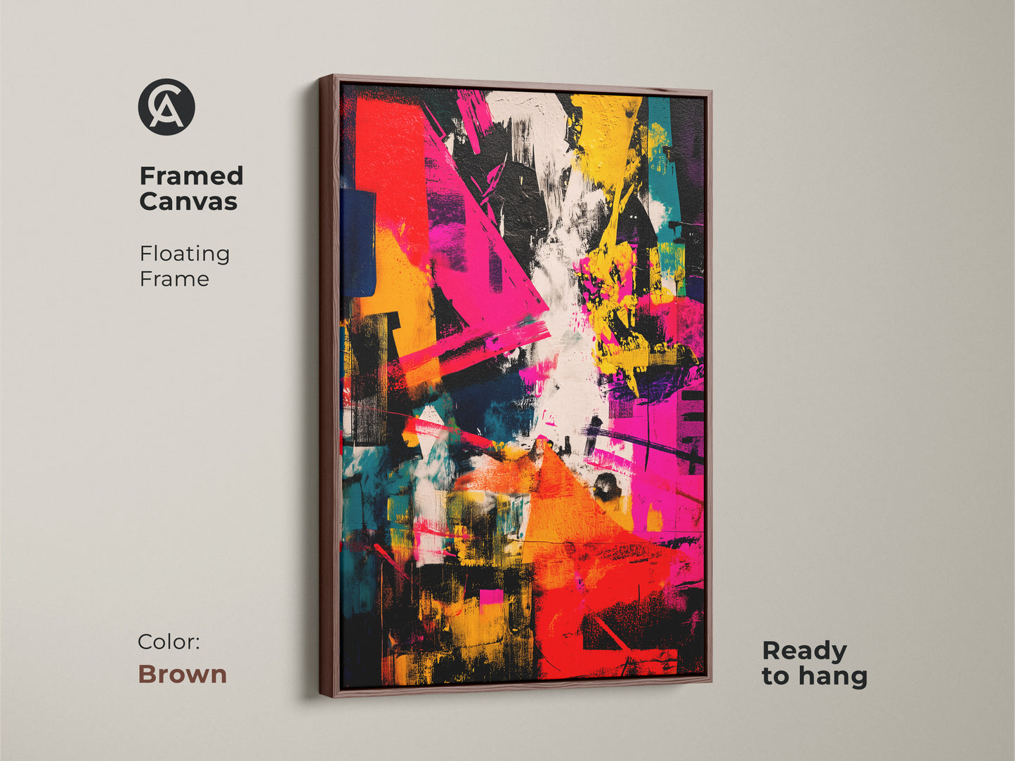 Framed canvas art with a brown floating frame. The abstract painting features vibrant colors. A modern artwork that's ready to hang. Add a sophisticated touch to your home decor. Perfect for art collectors.