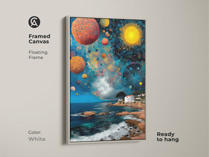 Framed canvas artwork of celestial orbs and a Mediterranean villa. The white floating frame makes the art pop. This eclectic abstract print is ready to hang. It transforms rooms into a dreamscape.