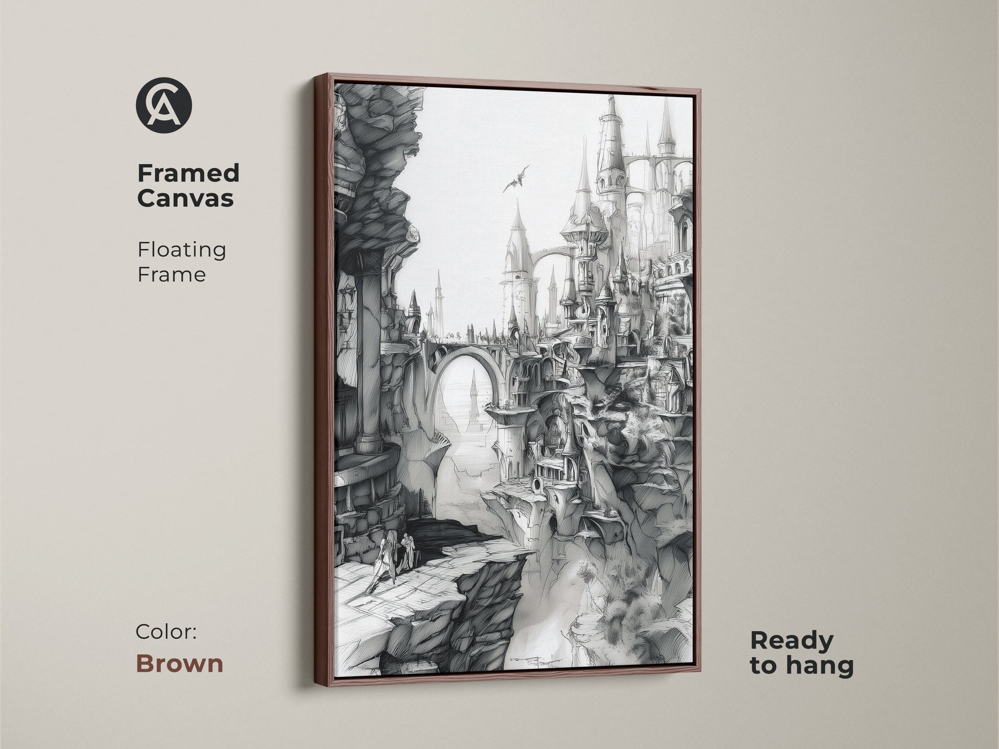 Brown framed canvas featuring fantasy city artwork. This floating frame art print comes ready to hang. The black and white art showcases gothic architecture and a dramatic landscape. Ideal for home decor.