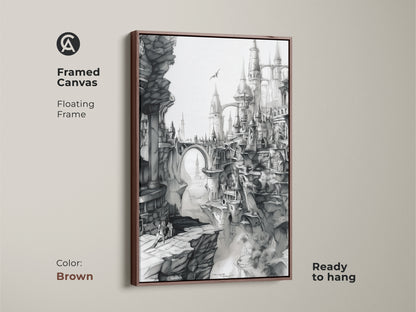 Brown framed canvas featuring fantasy city artwork. This floating frame art print comes ready to hang. The black and white art showcases gothic architecture and a dramatic landscape. Ideal for home decor.