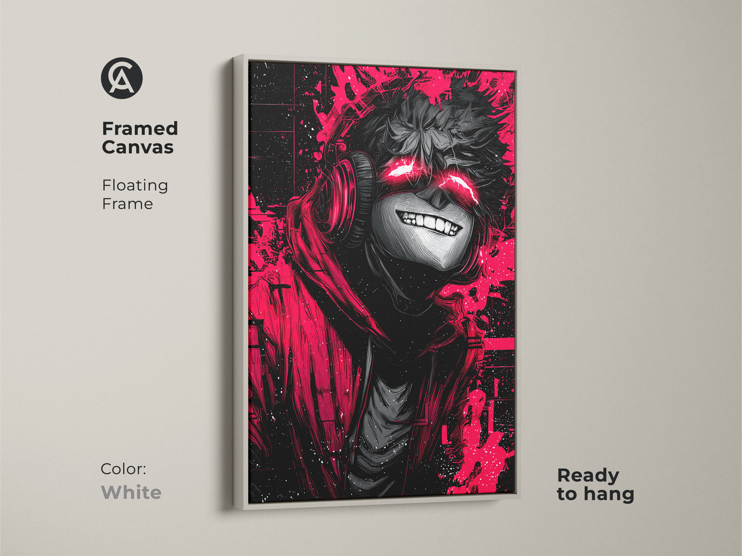 Brighten up your space with this framed canvas art. It features an anime character with glowing red eyes in a white floating frame. The artwork arrives ready to hang. The white frame offers a clean modern look.