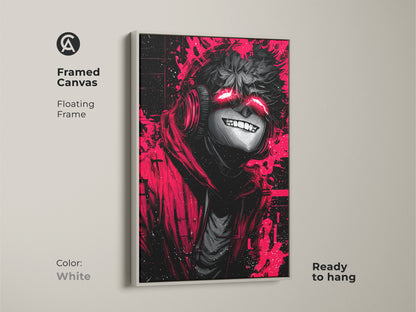 Brighten up your space with this framed canvas art. It features an anime character with glowing red eyes in a white floating frame. The artwork arrives ready to hang. The white frame offers a clean modern look.