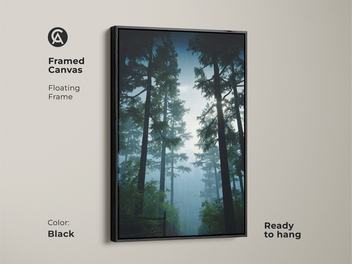 Framed canvas art showcasing a rustic forest path. The black floating frame enhances the deep green and misty blue tones. Ready to hang and perfect for bedroom wall decor.