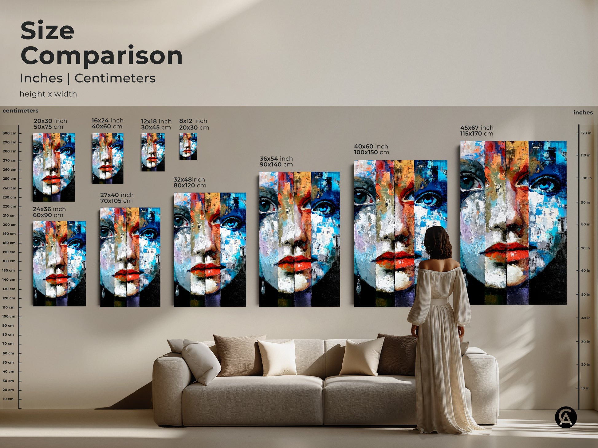 Size Comparison of Abstract Woman Face Art. See the art in various sizes from small to large. Perfect for eclectic home decor. Featuring blue red and orange tones adds a modern statement to any living room setting.