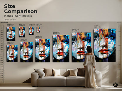 Size Comparison of Abstract Woman Face Art. See the art in various sizes from small to large. Perfect for eclectic home decor. Featuring blue red and orange tones adds a modern statement to any living room setting.