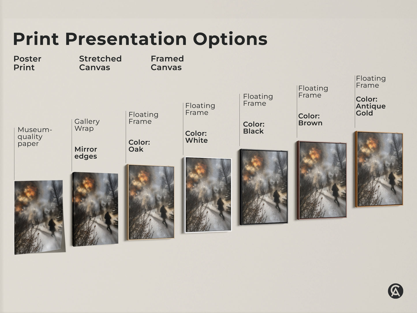 Explore print presentation options for winter landscape art. Choose from poster prints stretched canvas and framed canvas. Each format highlights the serene beauty of this nature artwork.