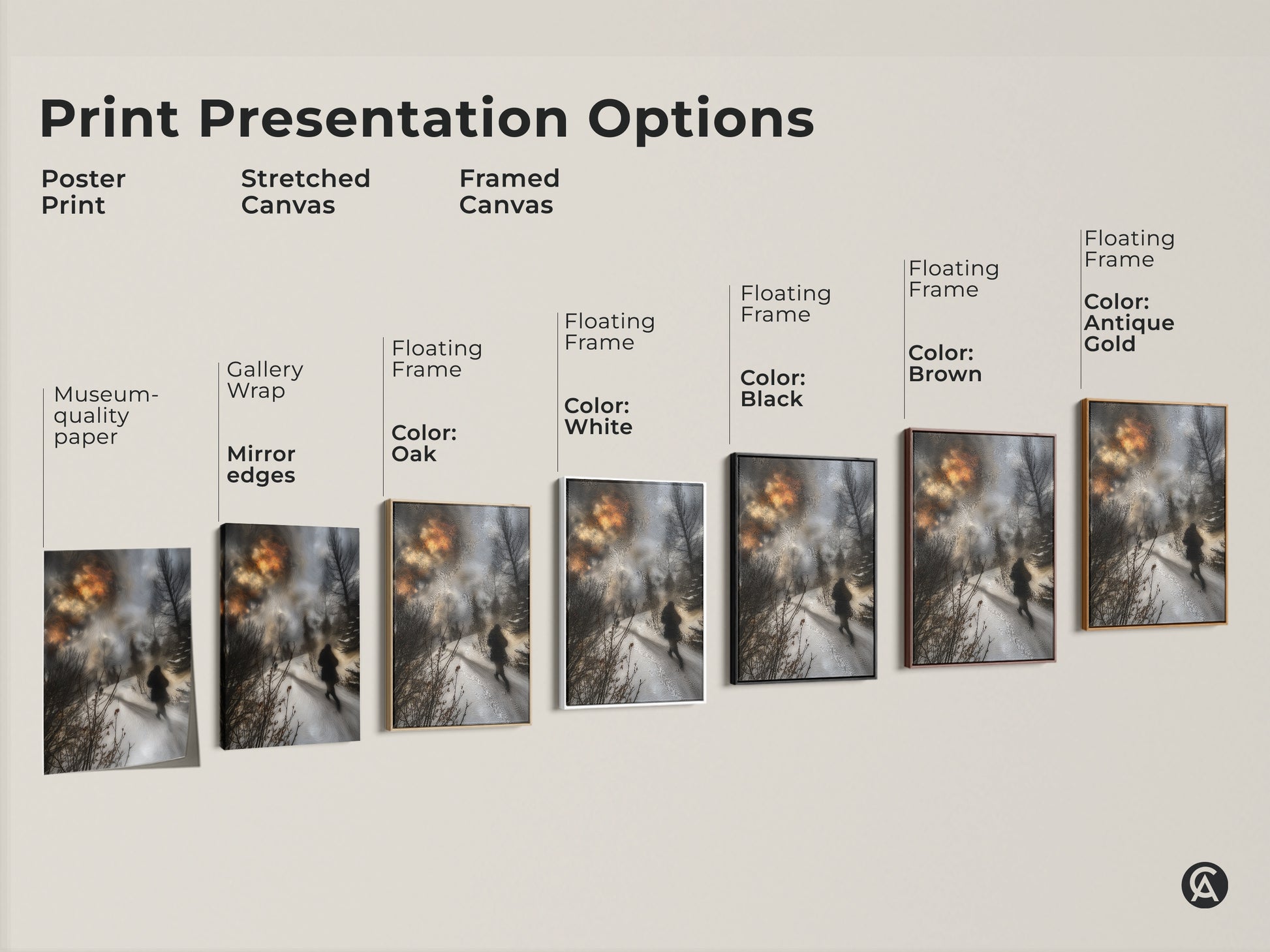 Explore print presentation options for winter landscape art. Choose from poster prints stretched canvas and framed canvas. Each format highlights the serene beauty of this nature artwork.