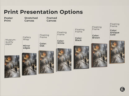 Explore print presentation options for winter landscape art. Choose from poster prints stretched canvas and framed canvas. Each format highlights the serene beauty of this nature artwork.