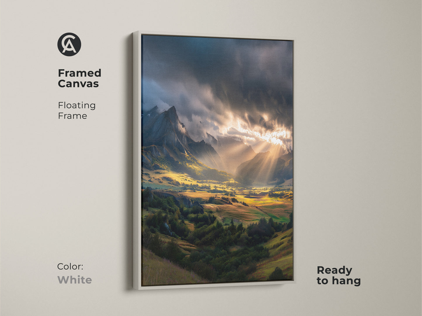 White framed canvas featuring a breathtaking mountain valley. The serene mountain vista is highlighted by golden sunbeams. This forest valley canvas adds a touch of nature. Ready to hang and brighten any space.