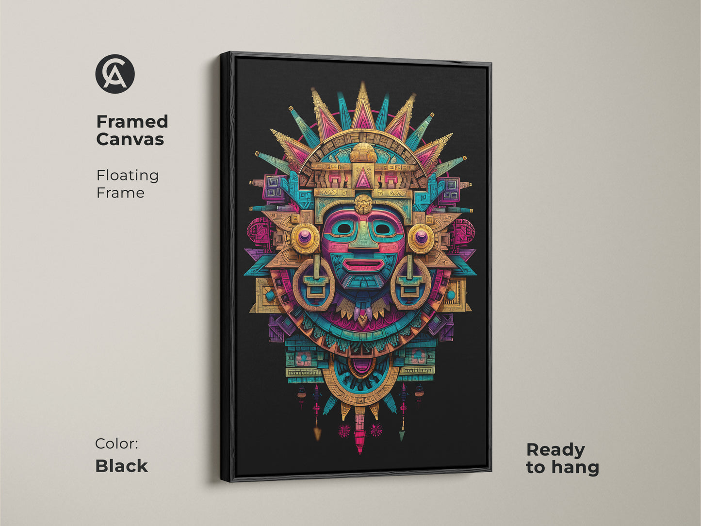 Framed canvas with a floating frame showcasing Mayan mask art. The artwork features a black frame. The Aztec-inspired mask is ready to hang. A sophisticated choice for your art collection. Perfect for adding a cultural touch.
