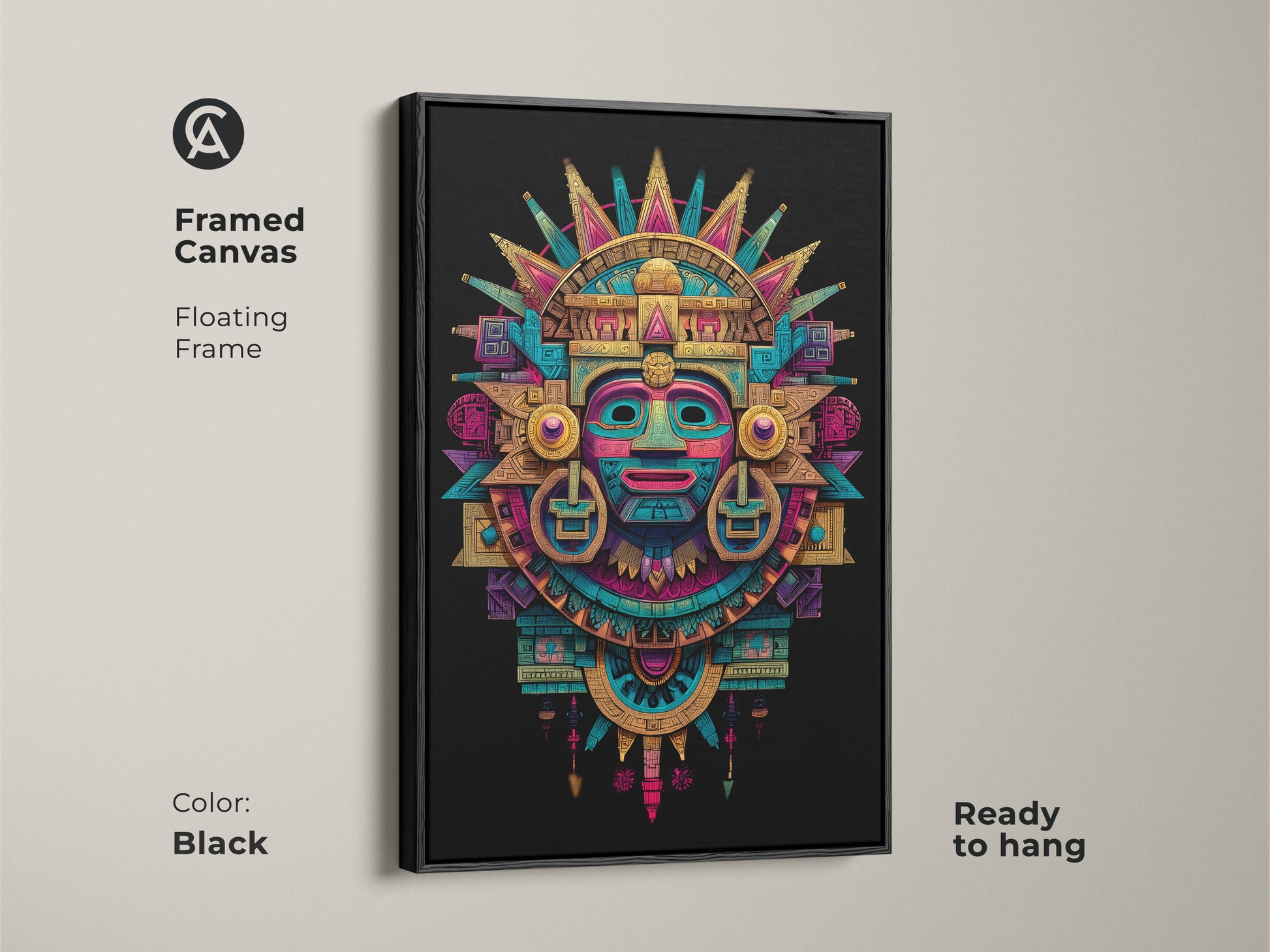 Framed canvas with a floating frame showcasing Mayan mask art. The artwork features a black frame. The Aztec-inspired mask is ready to hang. A sophisticated choice for your art collection. Perfect for adding a cultural touch.