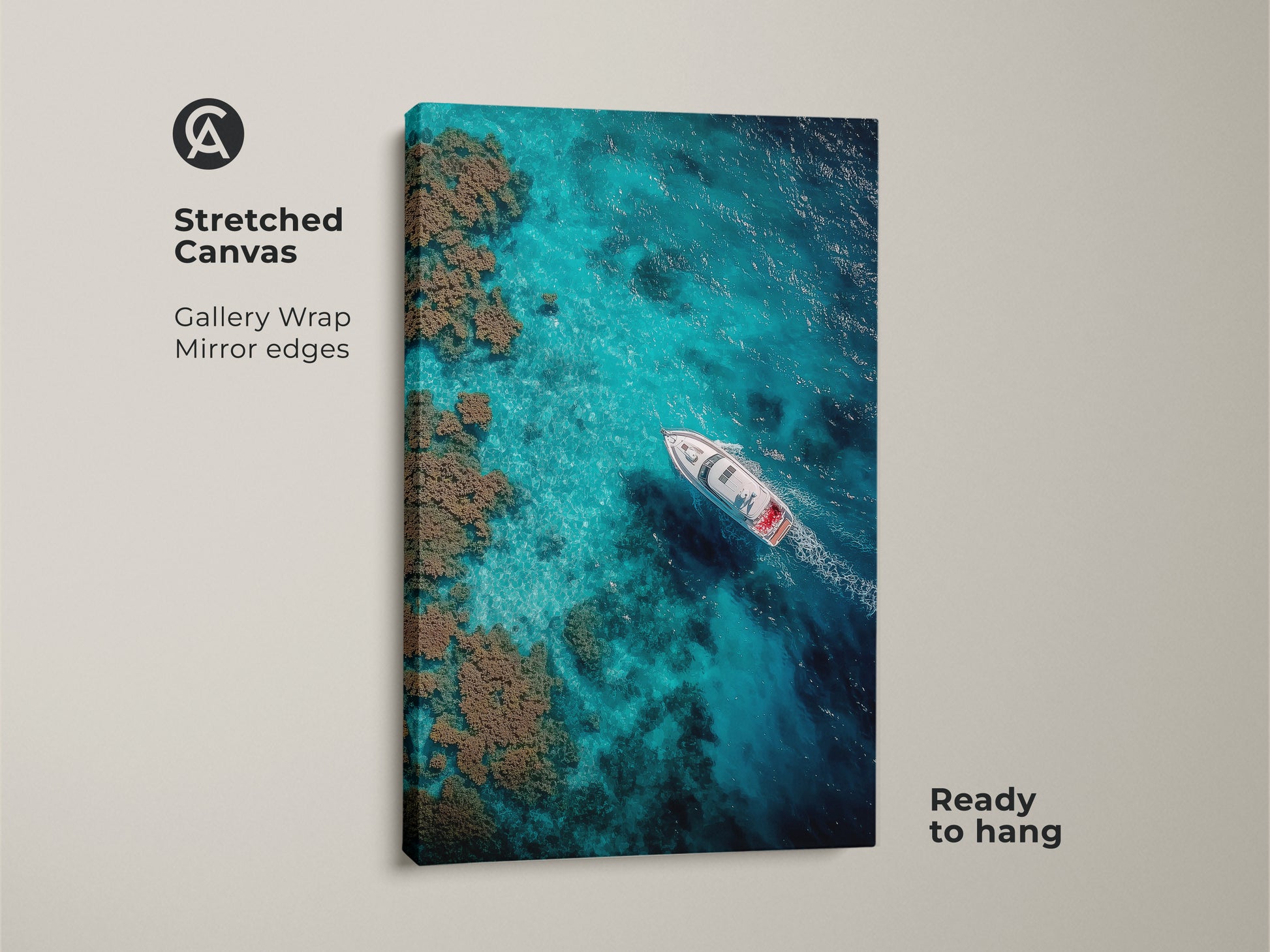Stretched canvas gallery wrap photo art. The image shows a boat sailing through clear turquoise waters. Coral reefs are visible. This ready-to-hang artwork brings a touch of the ocean indoors.