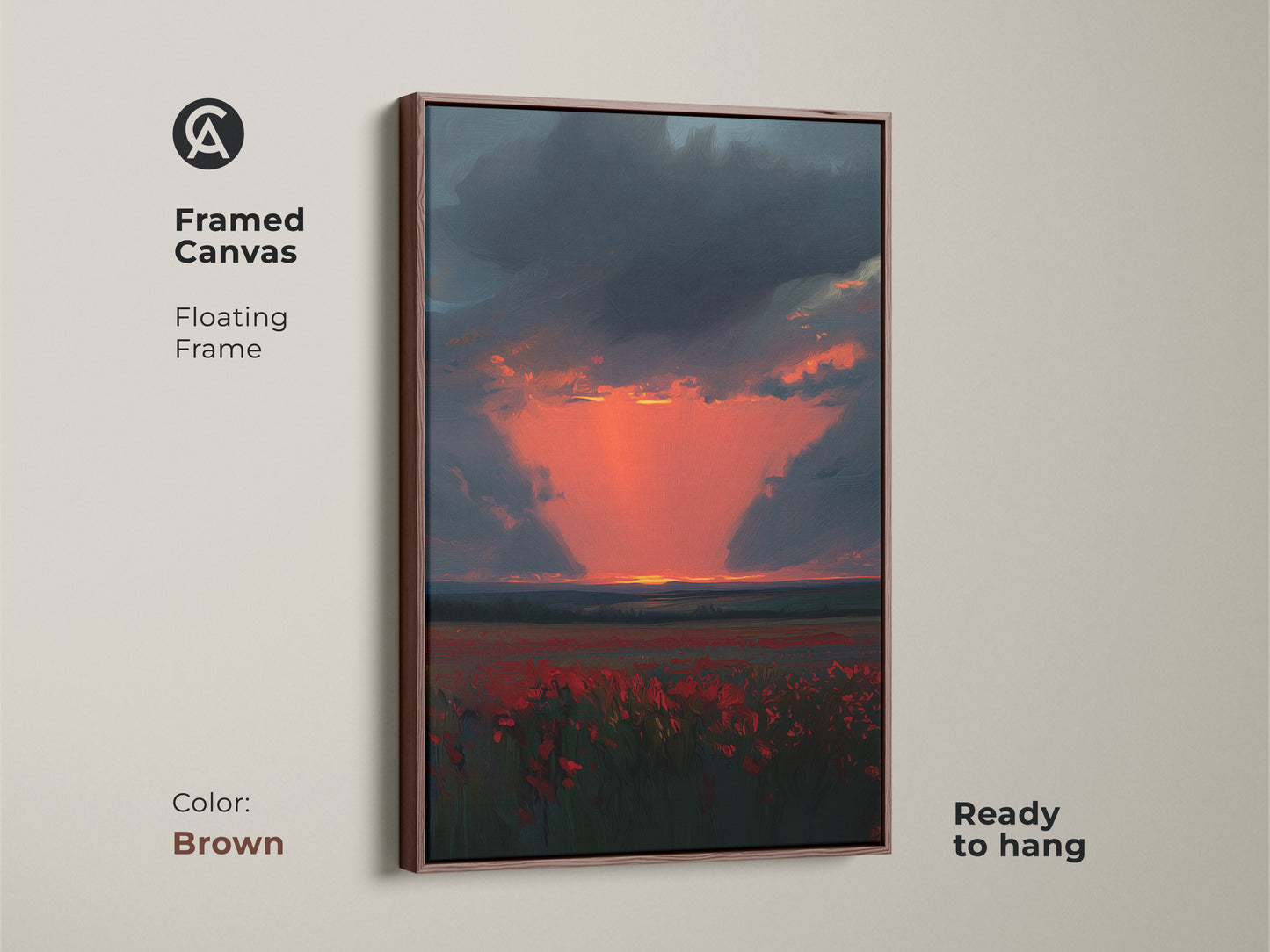 Framed Canvas of a Crimson Poppy Field at Sunset. The frame color is brown. It features a floating frame. This landscape art adds warmth to any room. The dark blue sky and orange sunset create a cozy ambiance.