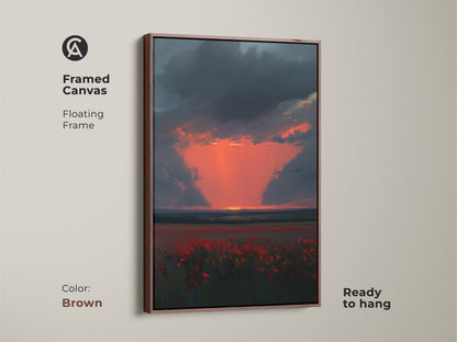 Framed Canvas of a Crimson Poppy Field at Sunset. The frame color is brown. It features a floating frame. This landscape art adds warmth to any room. The dark blue sky and orange sunset create a cozy ambiance.