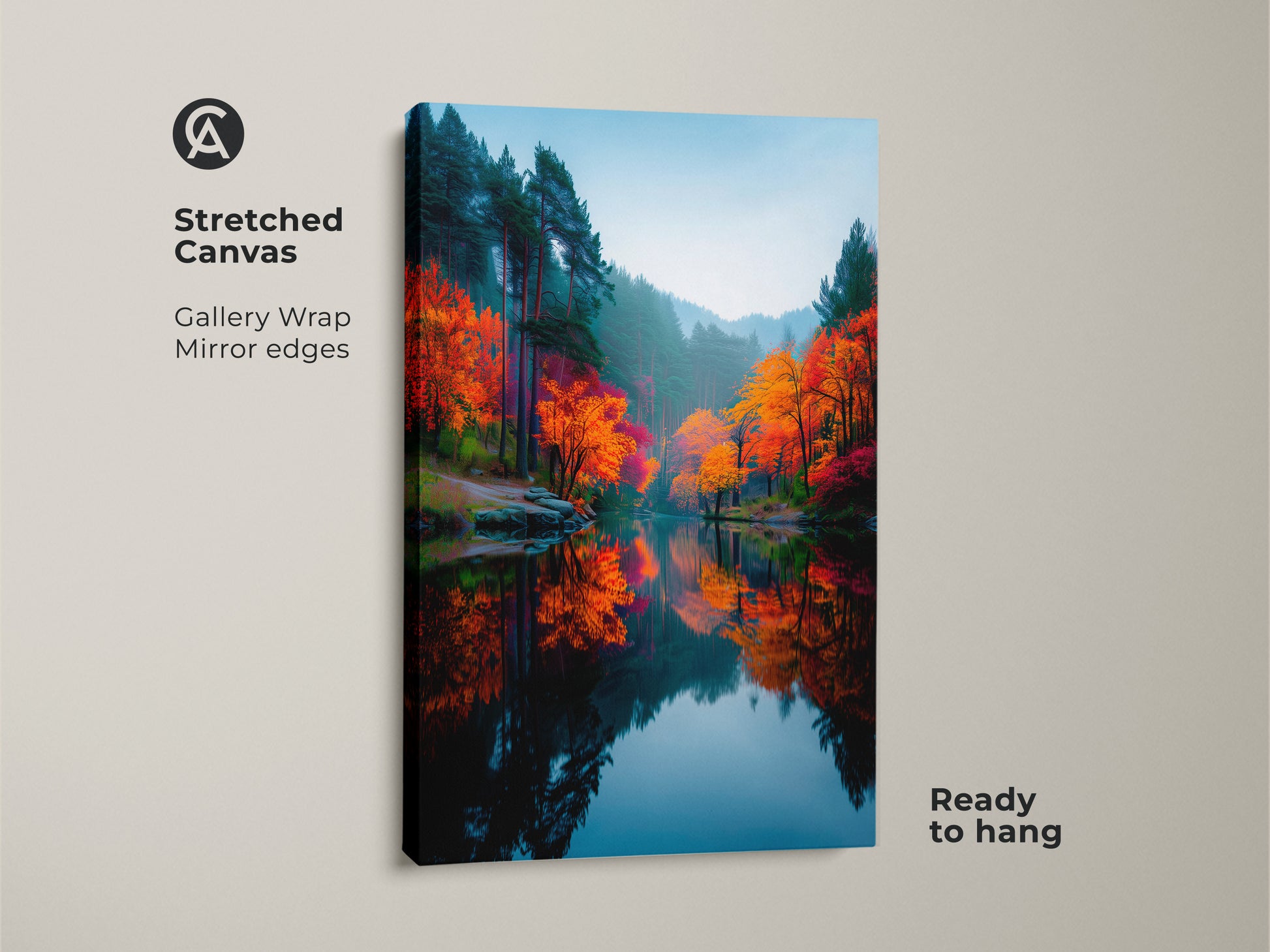 Stretched canvas art of colorful autumn forest. Gallery wrapped canvas with mirror edges. The vibrant fall colors create a cozy atmosphere. This artwork is ready to hang and enjoy.