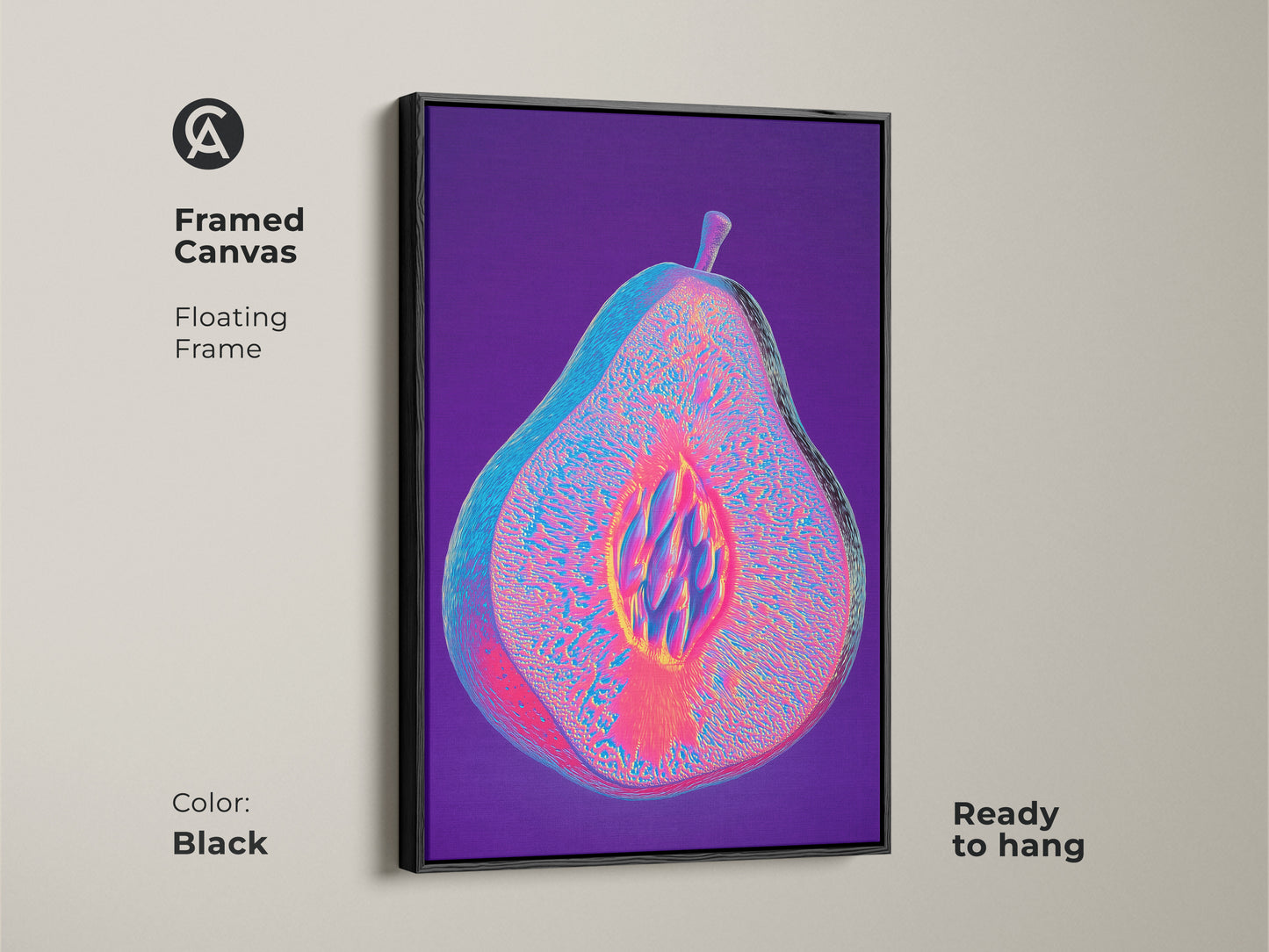 Black framed canvas presents abstract pear artwork. The floating frame enhances the magenta purple and blue glitch art. This psychedelic fruit canvas is ready to hang. It's a perfect eclectic art gift for a home office or kitchen.
