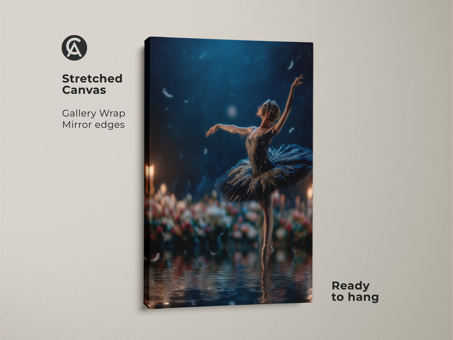 Stretched canvas artwork featuring a ballerina. The gallery wrap with mirrored edges gives it a modern look. Ready to hang this canvas adds a touch of sophistication. The ballerina's pose and the water reflections create a captivating image. Perfect for living rooms or dance studios.