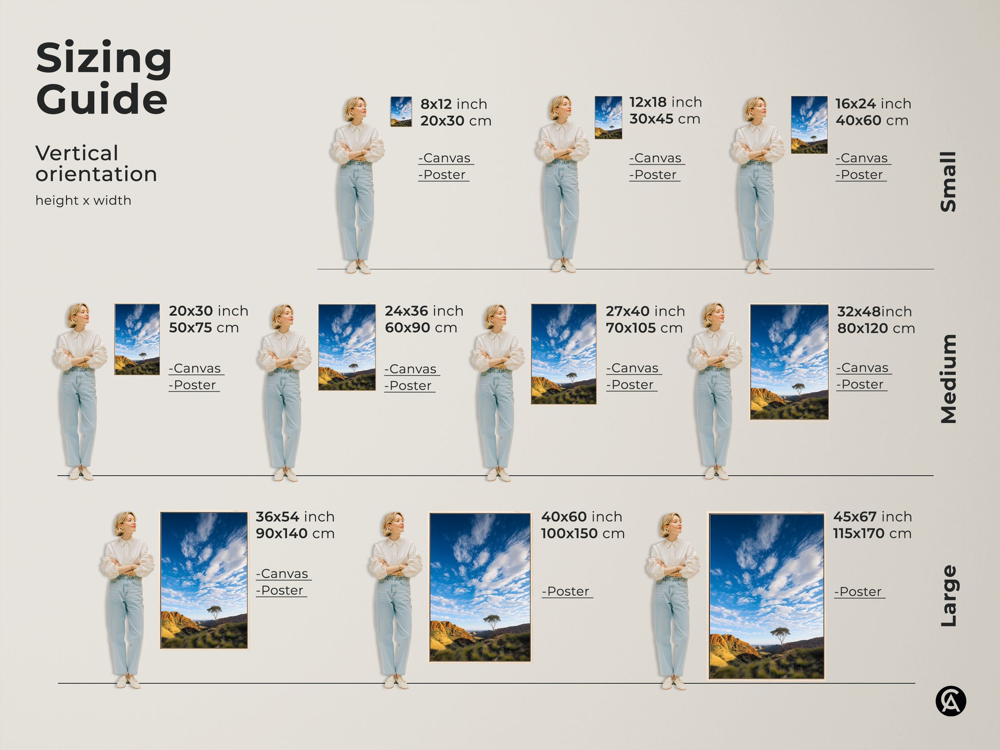 Sizing guide for vertical Australian Outback landscape artwork. Available as canvas or poster prints in small medium and large sizes. Find the perfect fit for your space. This scenic mountain art brings the beauty of the Outback to any room in your home.
