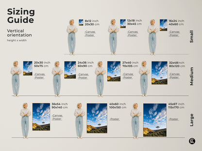 Sizing guide for vertical Australian Outback landscape artwork. Available as canvas or poster prints in small medium and large sizes. Find the perfect fit for your space. This scenic mountain art brings the beauty of the Outback to any room in your home.