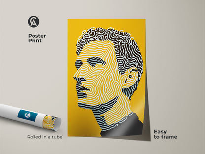 Museum-quality poster print of a man's portrait. The yellow background contrasts with the line art. It's easy to frame and arrives rolled in a tube. Perfect for adding a touch of modern art to your home decor.