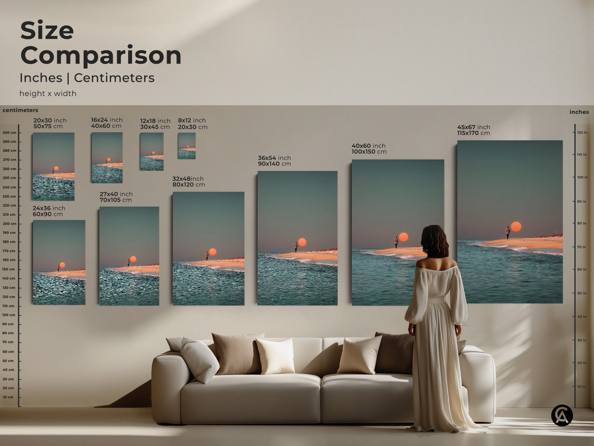 Size comparison of minimalist beach wall art. See how the surreal ocean canvas print looks in different sizes. Perfect for contemporary coastal home decor. Artwork features a person walking on the beach adding a touch of peace.