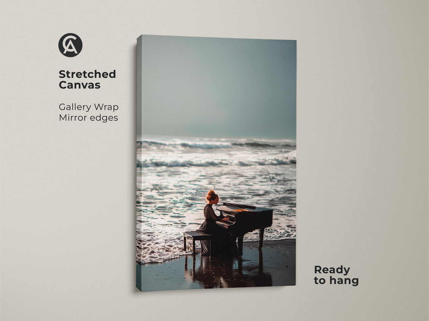 Stretched canvas art featuring a pianist on a beach. The gallery wrap showcases mirror edges. It creates a seamless contemporary look. The artwork is ready to hang. Enhance your living space with this unique piece of musical beach art today.