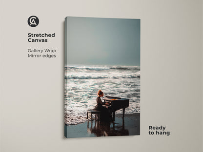 Stretched canvas art featuring a pianist on a beach. The gallery wrap showcases mirror edges. It creates a seamless contemporary look. The artwork is ready to hang. Enhance your living space with this unique piece of musical beach art today.