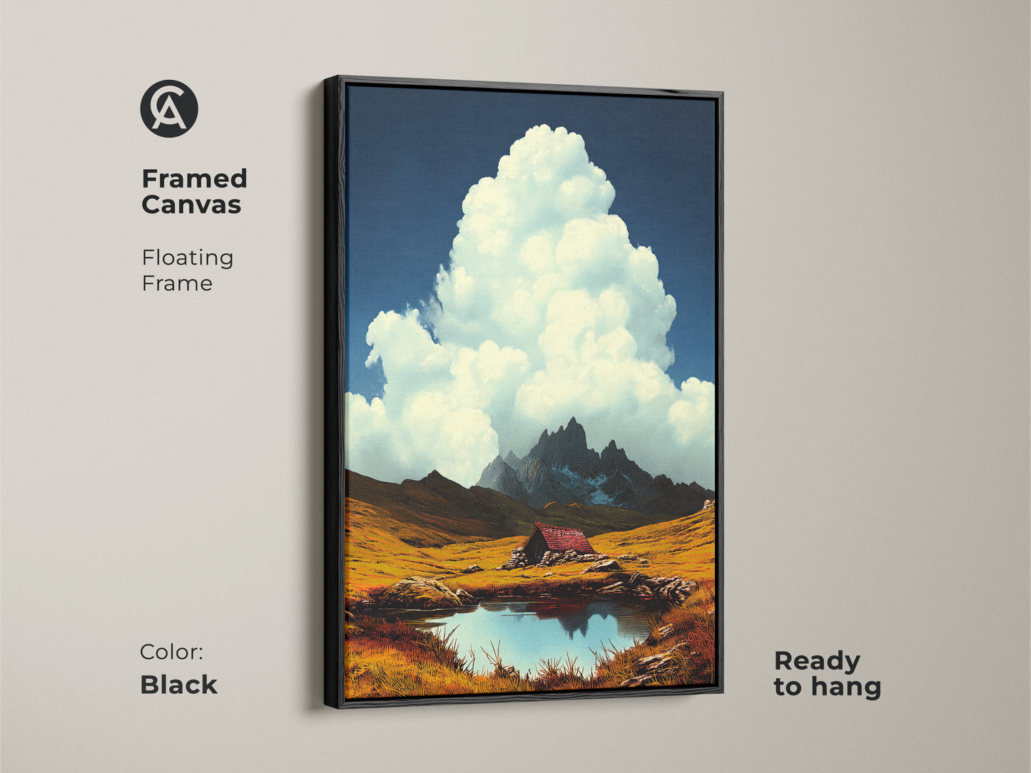 Framed canvas features a mountain cabin by an alpine lake. Deep blue sky and white clouds. Rustic golden field art. Black floating frame adds elegance. Ready to hang. A perfect housewarming gift. Scenic artwork brings the outdoors in. Enjoy mountain views everyday.