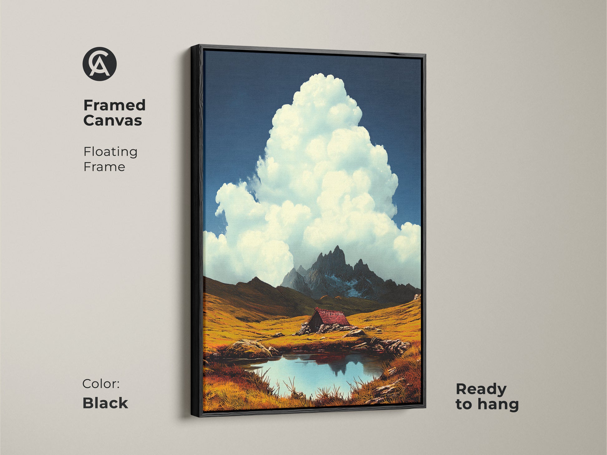 Framed canvas features a mountain cabin by an alpine lake. Deep blue sky and white clouds. Rustic golden field art. Black floating frame adds elegance. Ready to hang. A perfect housewarming gift. Scenic artwork brings the outdoors in. Enjoy mountain views everyday.