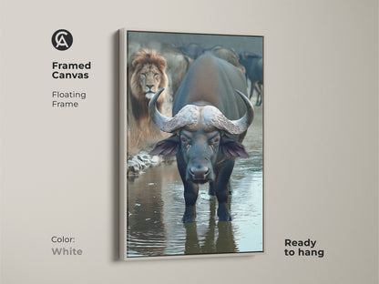Framed in white this Buffalo and Lion wall art is an African wildlife canvas print. The safari animals artwork has a photorealistic style. This eclectic home decor is ready to hang. It's a dark blue and brown art piece. It's a great housewarming gift idea.