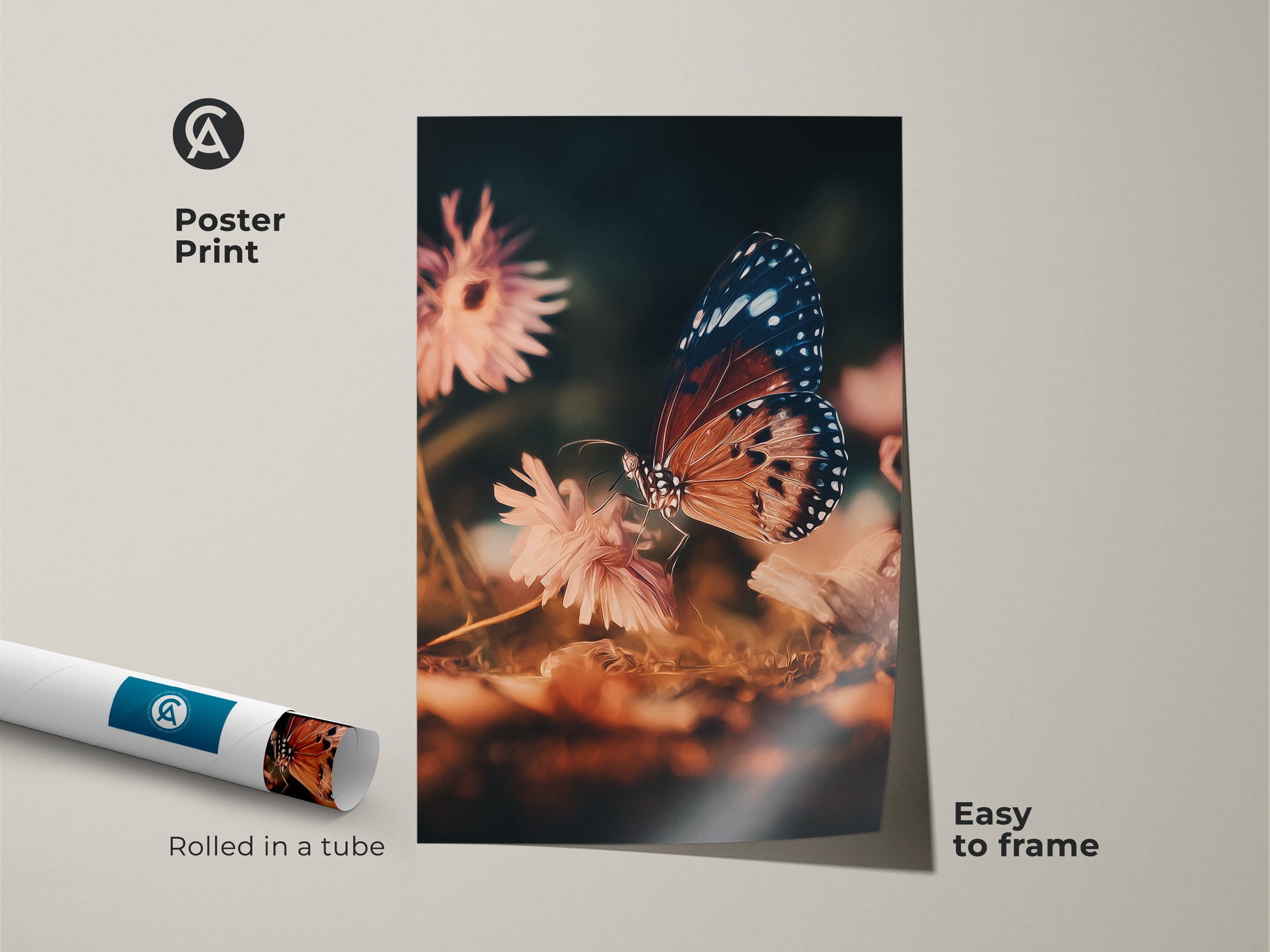 Poster print of a butterfly and flower macro photograph. The butterfly is perched on a peach flower. This teal nature artwork is easy to frame. A great gift for nature lovers and eclectic art.