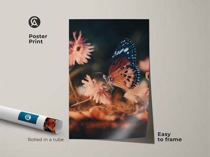 Poster print of a butterfly and flower macro photograph. The butterfly is perched on a peach flower. This teal nature artwork is easy to frame. A great gift for nature lovers and eclectic art.