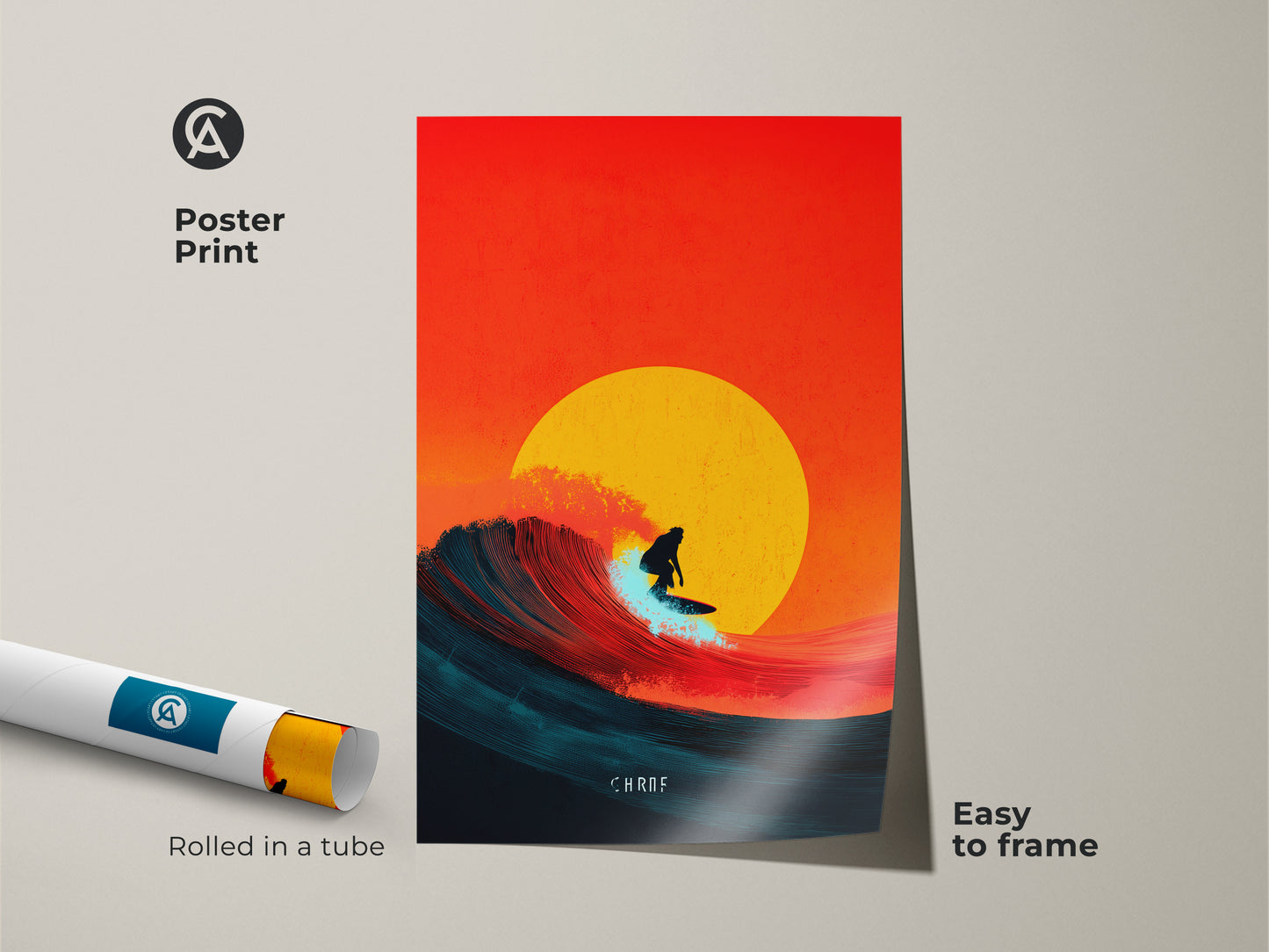 Poster print of a surfer riding a wave. Coastal sunset wall art rolled in a tube. Easy to frame and display. The orange yellow and teal artwork adds a pop of color. Ideal for beach decor lovers. A great surfer gift option.