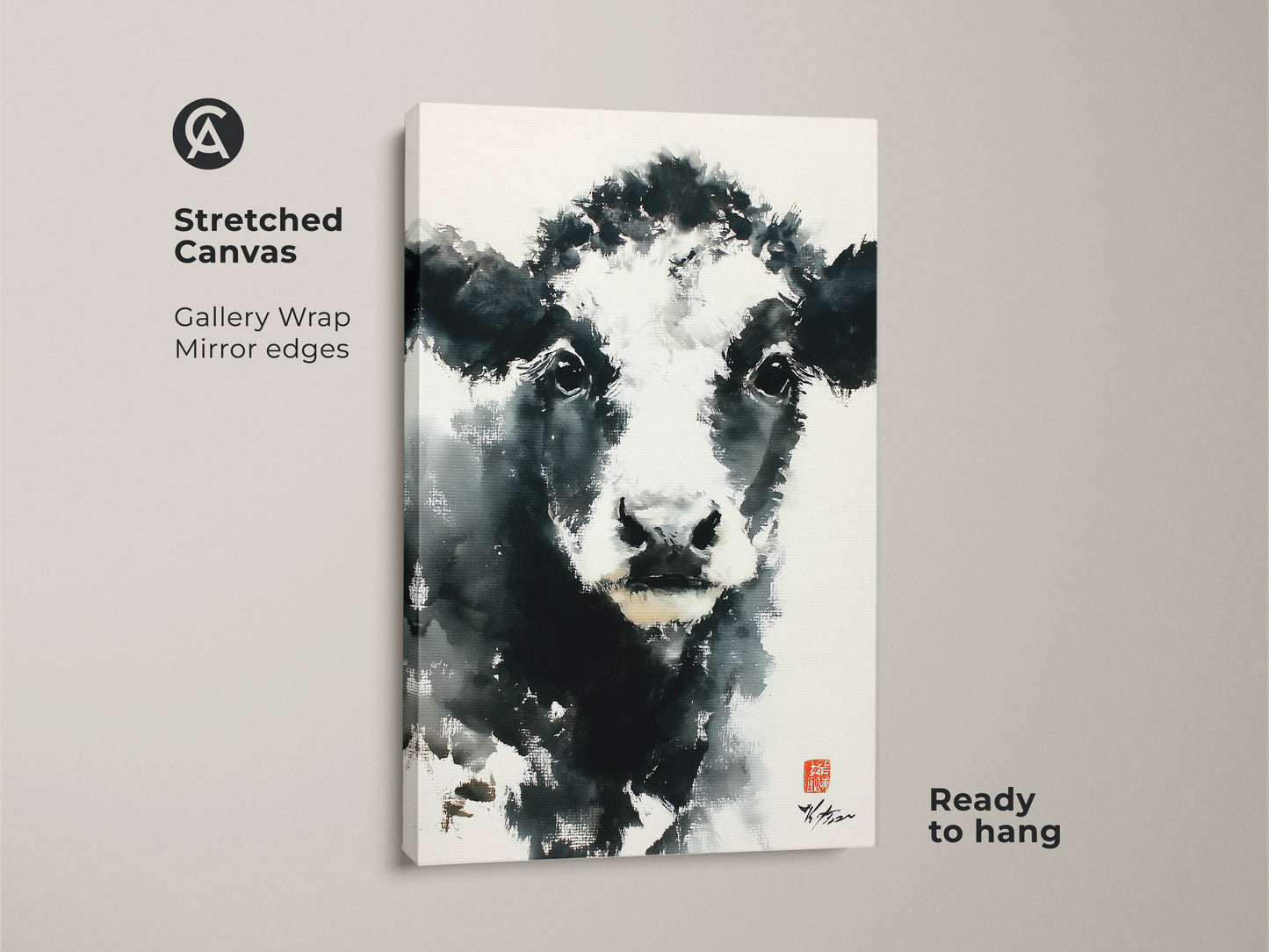 This stretched canvas art features a monochromatic cow. It's gallery-wrapped with mirrored edges. The contemporary piece is ready to hang. Purchase this unique animal artwork to enhance your living space today.